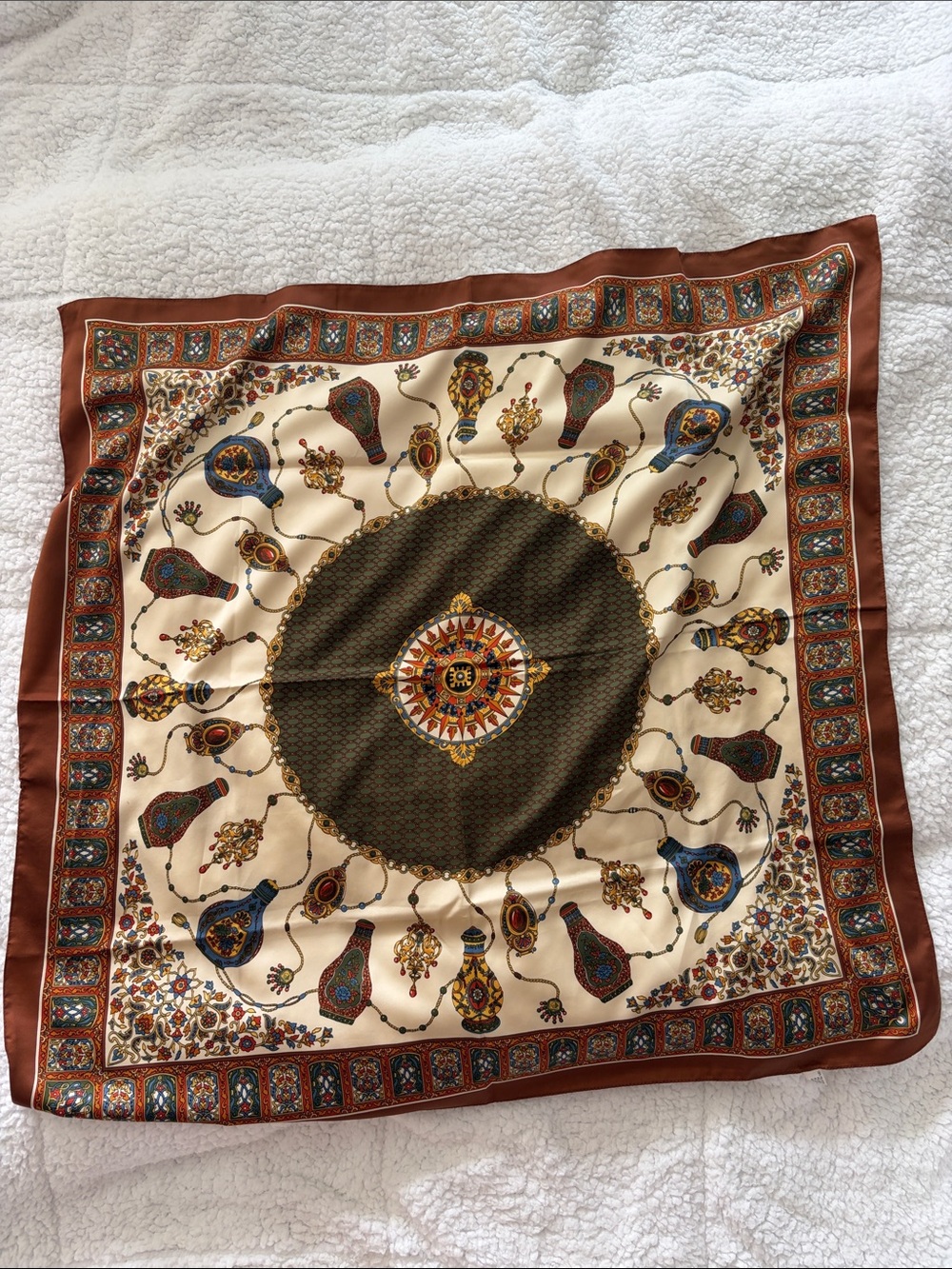 Silk-Feel Italian made  Paisley Medallion Scarf in Brown, Cream, Blue vintage